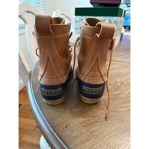 Women's‎ Size 7M L.L. Bean Duck Boots 6 Eye Lace Up Tan Leather Navy Rubber USA